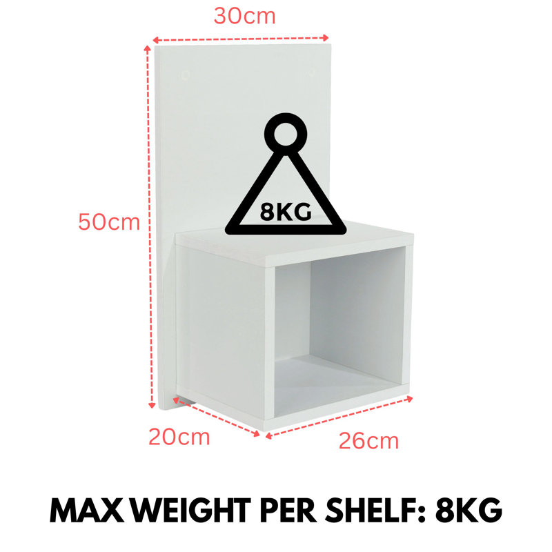Set of 2 Floating Wall-Mounted Open Bedside Tables, Compact, White
