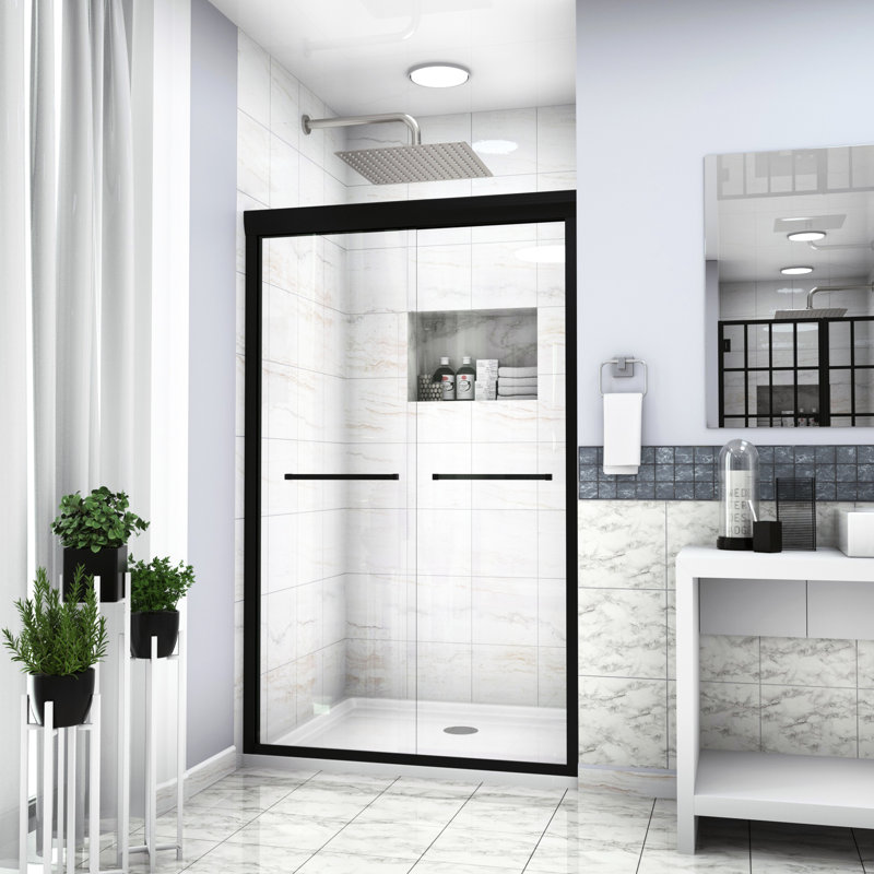 Cabine de douche double coulissante noire matte, 48 po x 76 po, porte haute avec verre trempé et garniture de finition moderne