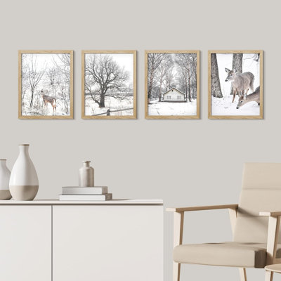 " Framed Winter Country Farm Deer Set Of 4 Landscape Wall Decor Prints " 4 - Pieces