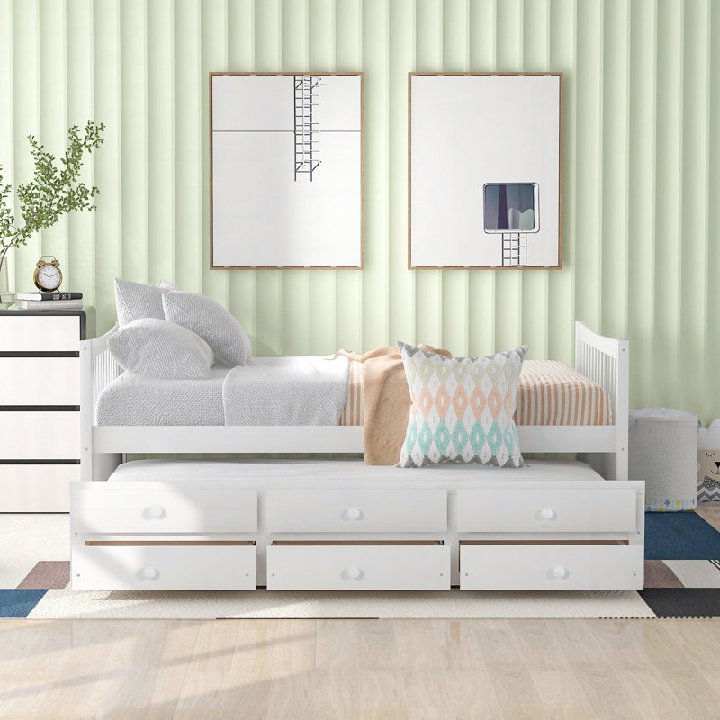 Ajavian Three Drawers Wooden Daybed with Trundle, White, Full