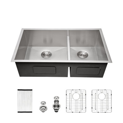 33" L x 19" W Undermount Double Bowl Kitchen Sink Low-Divide Double Bowl 60/40 Stainless Steel Sink