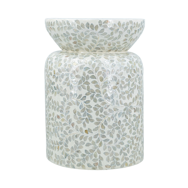 Round Bamboo Accent Table with Capiz Shell Inlay – Compact Side Table for Indoor Décor