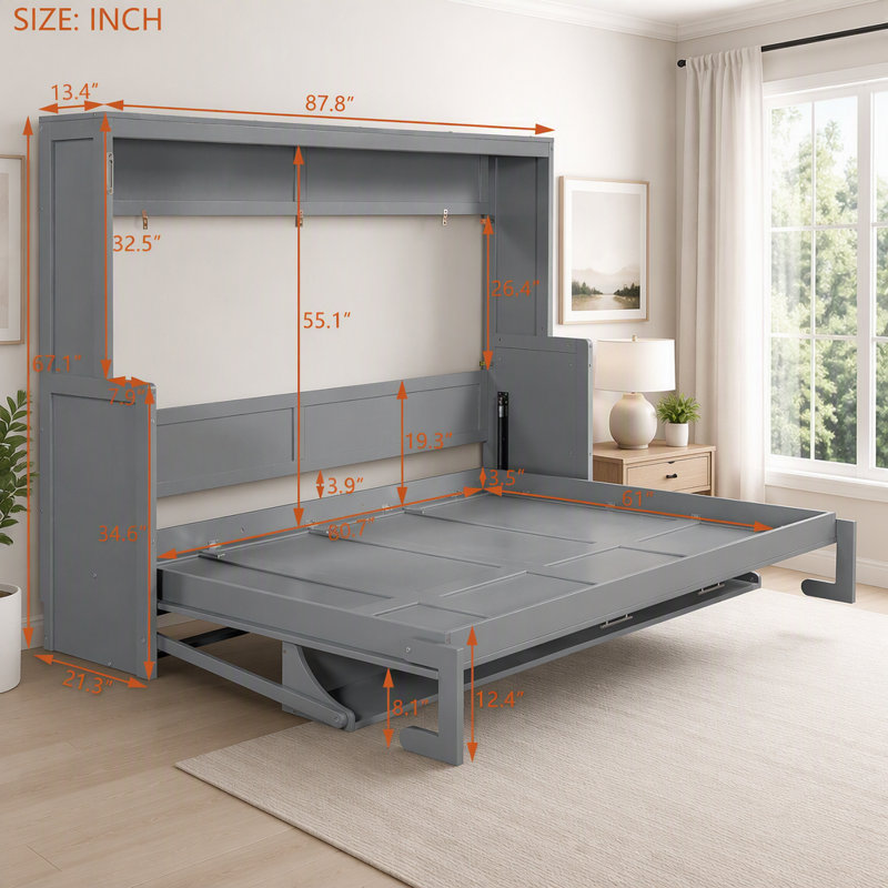 Lit escamotable avec système de levage hydraulique et bureau intégré, Queen, Grey