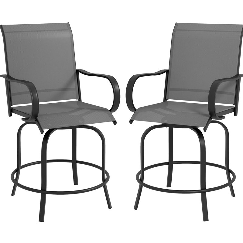 Tabourets de bar d'extérieur avec pivot à 360 degrés, tissu à mailles élevées, structure en acier pour le patio, balcon, bord de piscine, 2 tabourets de jardin pivotants gris, 2 chaises grises