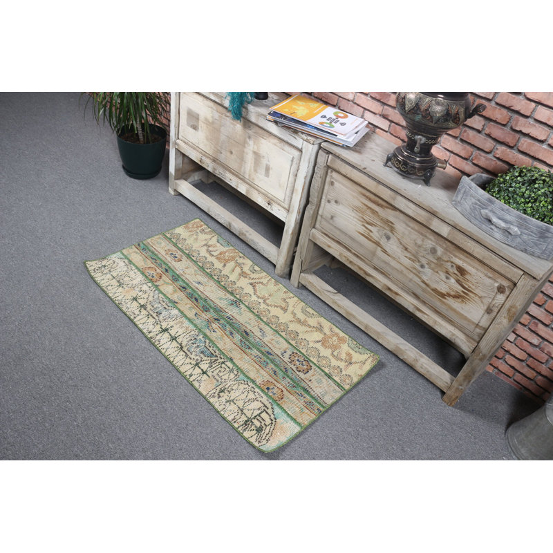 Chic Handmade Turkish Door Mat In Beige And Green Floral Design Perfect For Rustic-Style Entrances