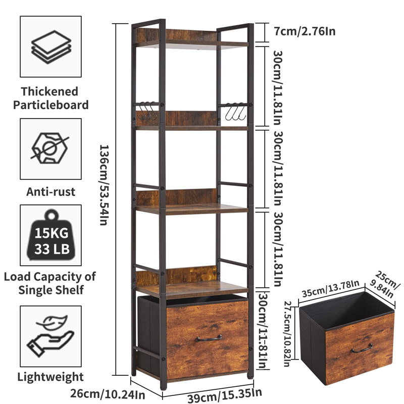 136cm H x 39cm W Metal Bookcase, Rustic Brown