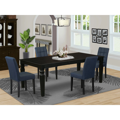5 Piece Dining Table Set consists A Mid Century Modern Table and 4 Willow Green Polyester Fabric Dinner Chairs, Linen White