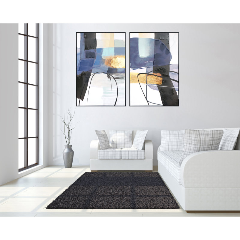 «Midnight Drift: Blue and Gold Abstract Diptych», art mural sur toile - 47 po x 64 po - cadre noir
