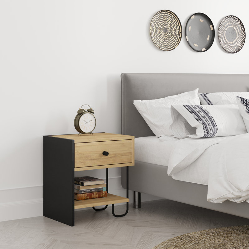Brygida Minimalist Bedside Table 18mm Wood Soft-Close Drawer Compact Design, Saphire Oak/Silky Black