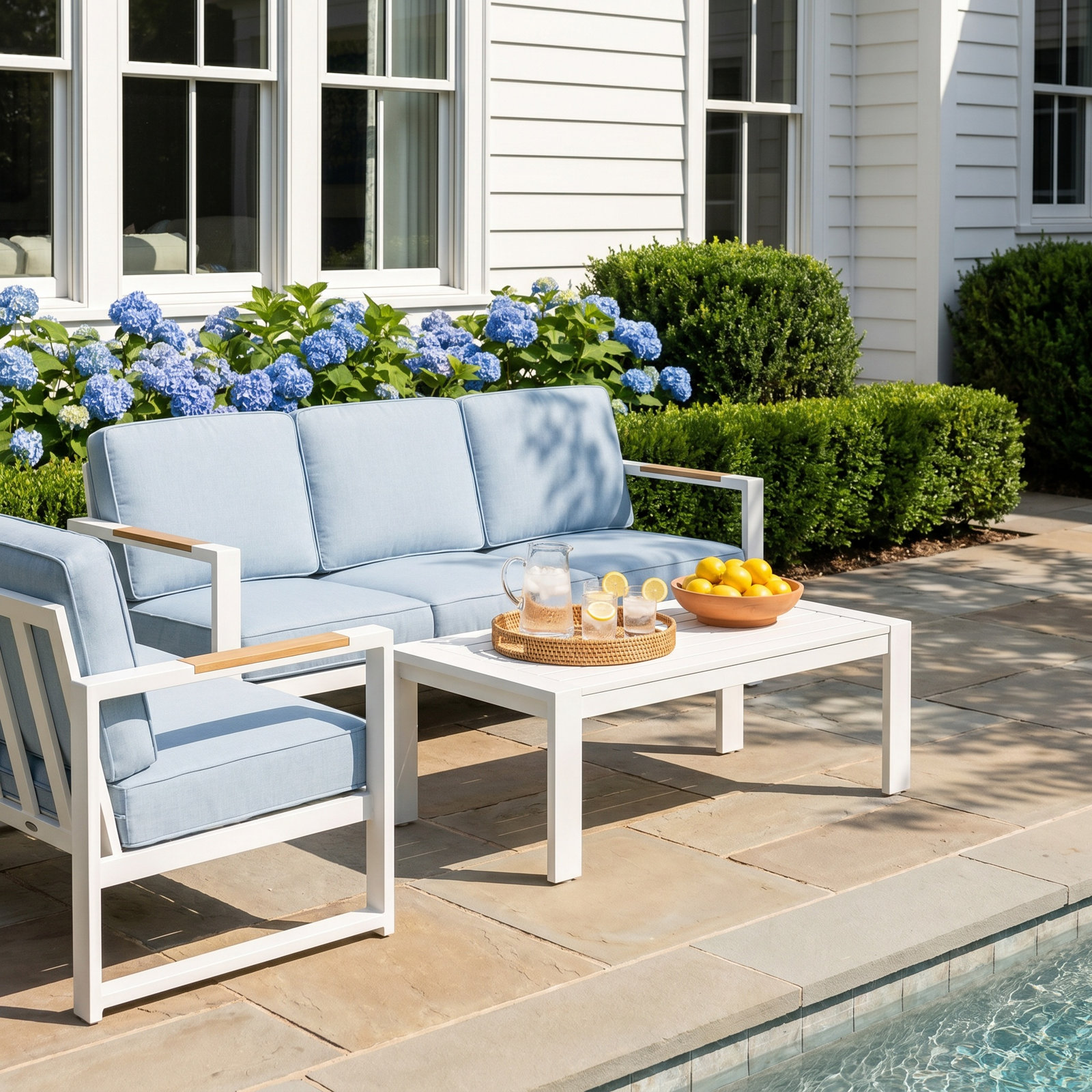 Jayton 8-Person Patio Seating Group, Blue Cushion/White Frame, 3 Pcs: Table, 2 Sofas