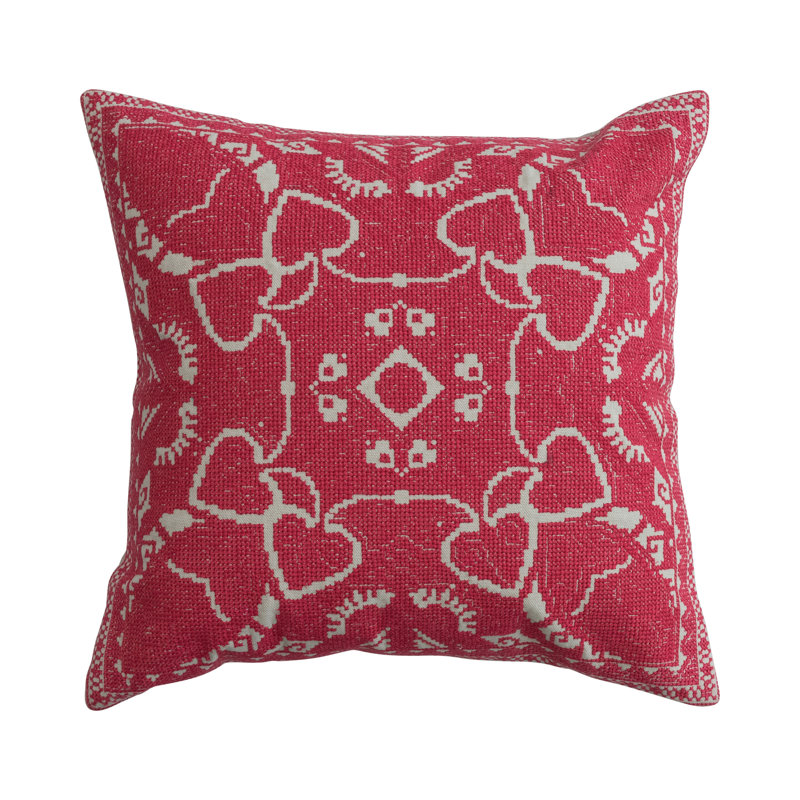 Cotton Pillow With Embroidered Design And Chambray Back, Pink