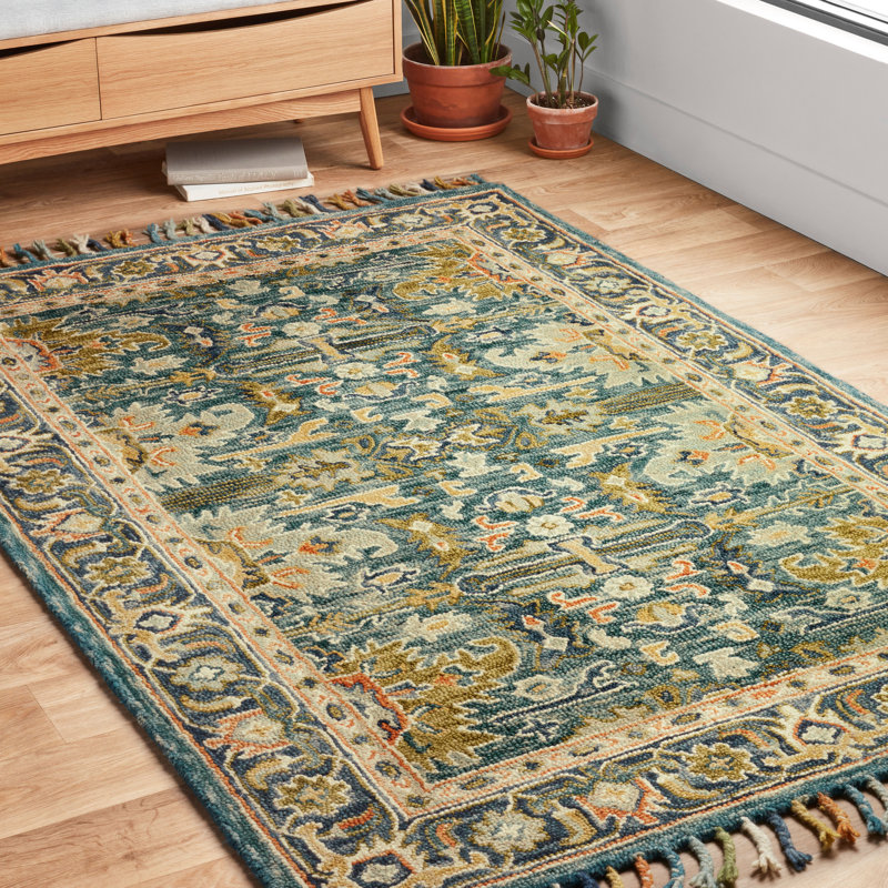 Leyna Hand-Hooked Wool Blue/Navy Area Rug , Rectangle 5' x 7'6"