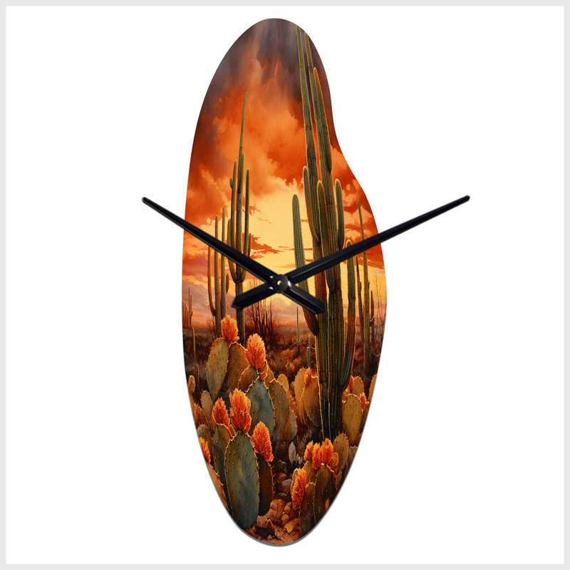 Cactus cuivré au Nevada - Cactus incurvé en métal, horloge murale asymétrique traditionnelle, Grand
