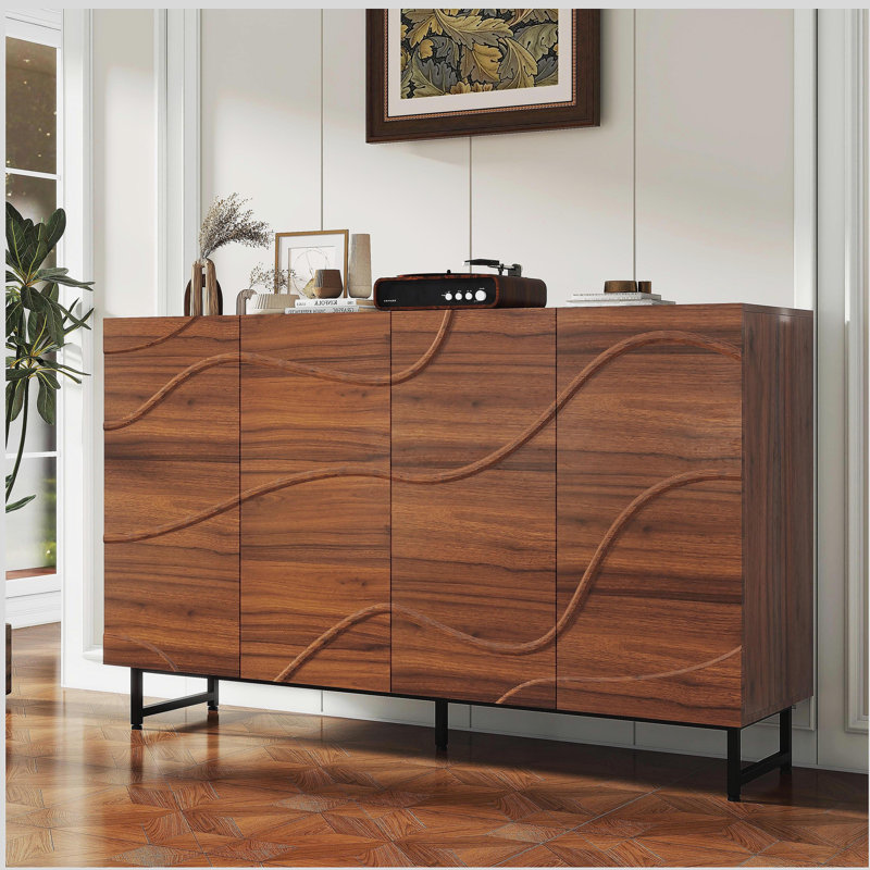 Buffet en bois massif, texture noyer, pieds en fer, armoire de rangement pour le salon