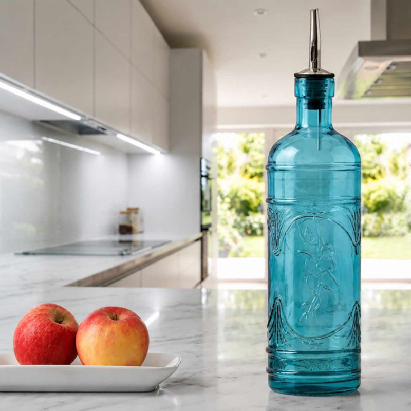 16,1 oz Huilier vinaigrier en verre avec motif olive en relief, Bleu turquoise