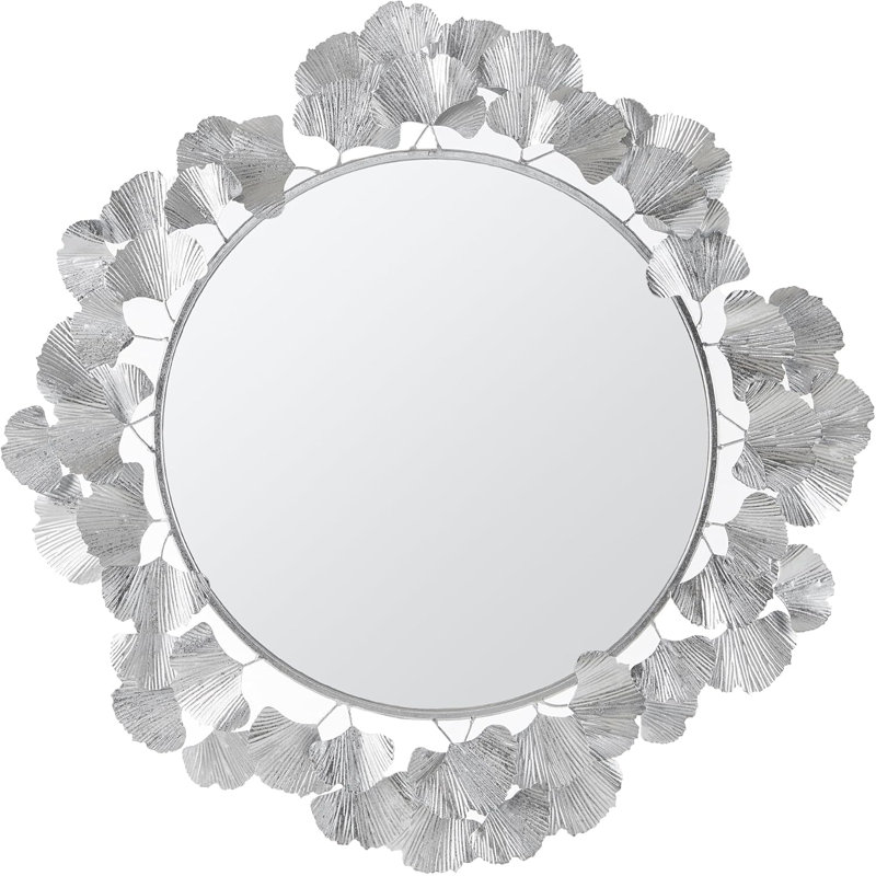 Grand miroir mural rond en forme de feuille de gingko, Argent