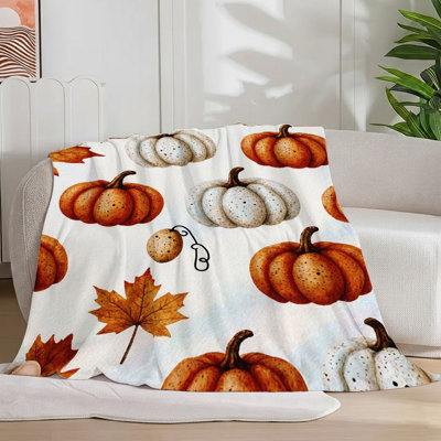 1Pc Autumn Pumpkin Maple Leaves Flannel Blanket Soft Cozy Cute Decorative Elements For Sofa/Bed/Travel 55*70