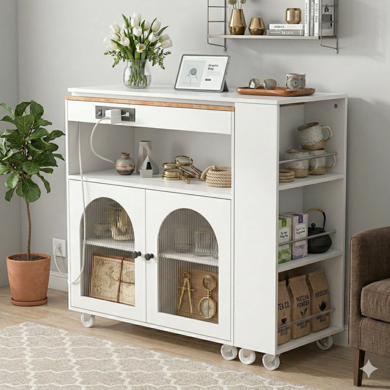 Rolling Kitchen Island with Extendable Table Top, Features LED Lights, Power Outlets, 2 Fluted Glass Doors, Storage Compartment, and 3 Open Side Shelves, on Wheels, White