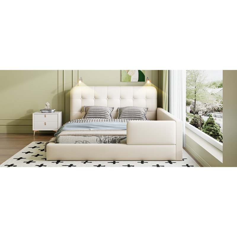 Lit plateforme tapissier avec 2 lampes de lecture, Blanc