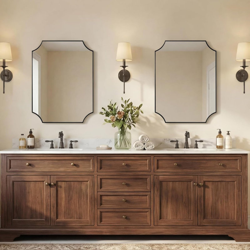 Tariro Contemporary Notched Corner Scalloped Rectangle Bathroom Vanity Mirror | Stainless Steel Frame, 36" x 24", Matte Black
