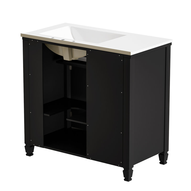 36" Bathroom Vanity with Ceramic Sink, One Tip-out Drawer, 3 Side Drawers, Adjustable Shelf, Black