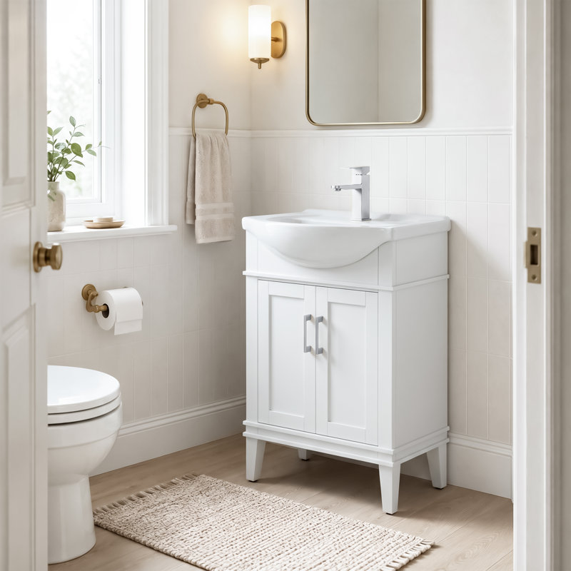 Ensemble de meuble-lavabo simple autoportant 24 po avec plateau en céramique Arlowene, Blanc, 24"