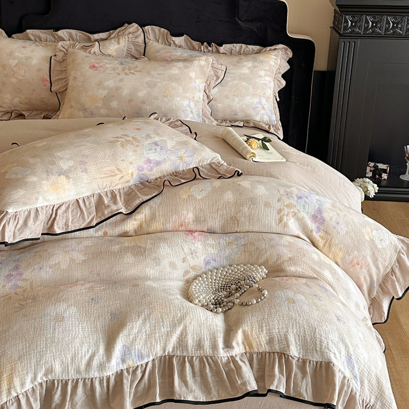 Floral Double-Layer Crinkle Cotton Duvet Cover Set, Queen Duvet Cover + 2 Pillowcases, Beige/Brown