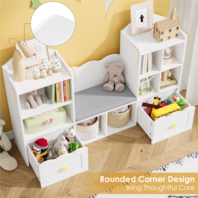 55.1"W Cube Bookcase, Bookshelf with Removable Drawers, White