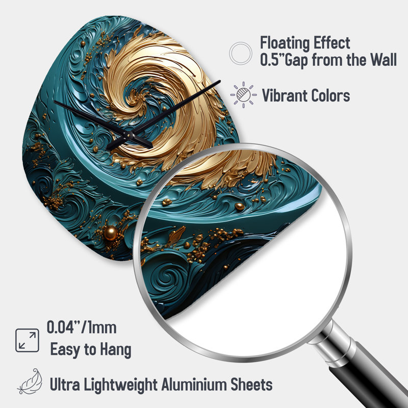 Teal Majestic Motion I - Horloge murale abstraite en forme de spirale abstraite, Petit