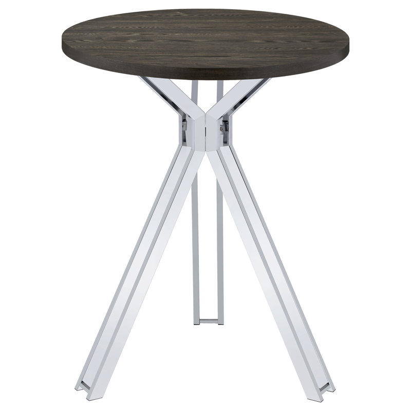 Table bistro ronde en chêne foncé de 35 po de hauteur avec pieds en métal et base à piédestal en hauteur, idéale pour la salle à manger