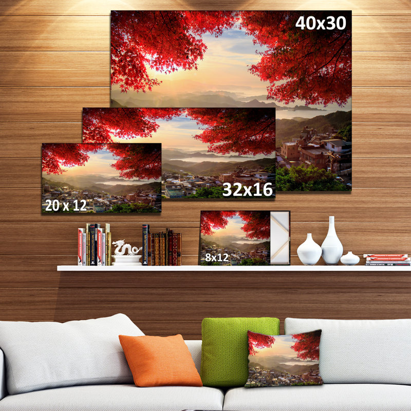 Reproduction de photo sur toile tendue, "Taïwan avec des arbres rouges", H 16 po x l 32 po