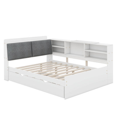 Full Size Platform Bed With Trundle, Shelves And Storage Headboard