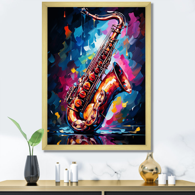 Blue Vibrant Saxophone Rythme - musique, art mural, Encadrement doré, H 32 po x l 24 po x P 1 po