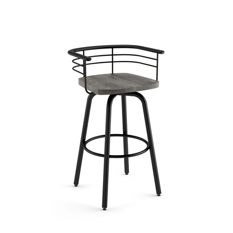 Tabouret de bar et de comptoir pivotant en bois massif Friedell, Métal noir texturé, Bois gris