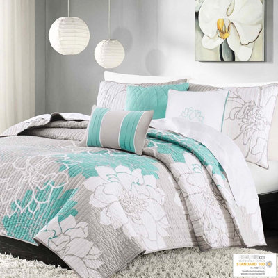 Literie - 6 pièces Très grand / très grand lit, courtepointe en coton avec imprimé floral, motif floral réversible