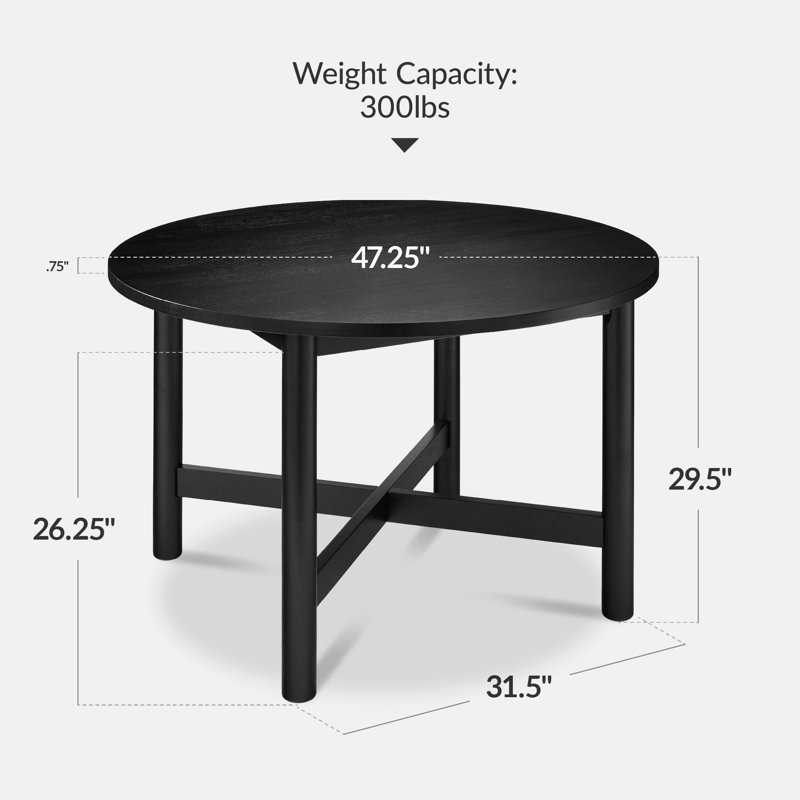  47In Round Solid Wood Dining Table, Modern Farmhouse Table For 4, Space Saving, Easy Assembly - Black, Black