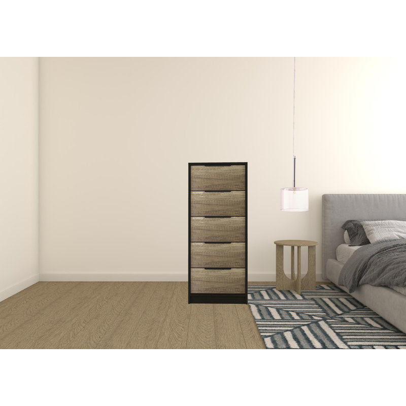 Kaia 5 Drawer Dresser, Vertical Dresser, Black Wenge/Light Oak