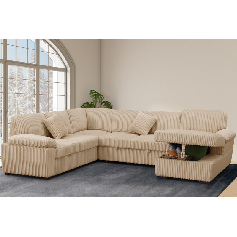 Manfried Oversized U-Shaped Sectional Sofa Bed Pull OutSleeper Couch With Storage Chaise For Living Room, Lightcamel Corduroy