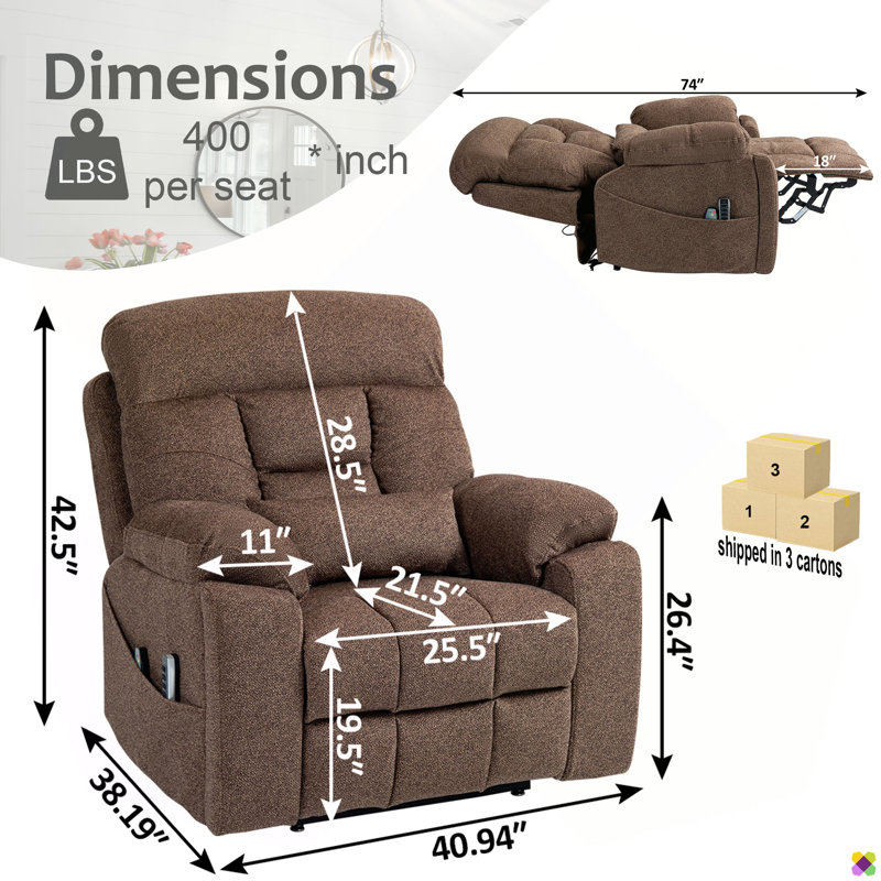 Vayun 40.94"W Chenille 4 Motors Liftable Recliner, Adjustable Headrest, Brown