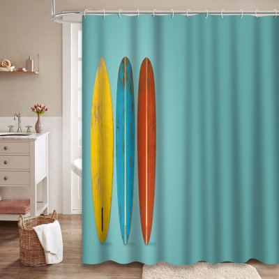 Vintage Surfboard Beach Wood Flat Shower Curtain with 12 Hooks