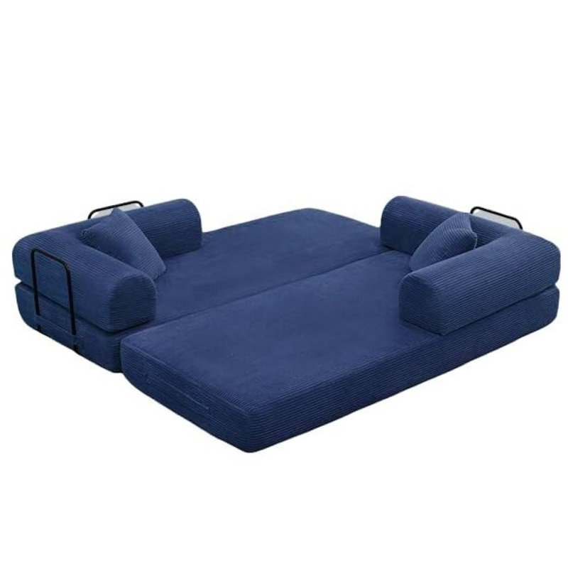 Canapé-lit convertible avec oreiller cylindrique, canapé-lit pliant en velours côtelé avec structure de forme fixe, canapé-lit de salon pour salon, chambre à coucher, studio de détente (bleu)