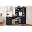 Bureau d'ordinateur antique en forme de L bleu avec 2 armoires, tiroirs, 11 tablettes, 1 tablette rabattable et prise de courant pour un travail confortable dans des tablettes ouvertes