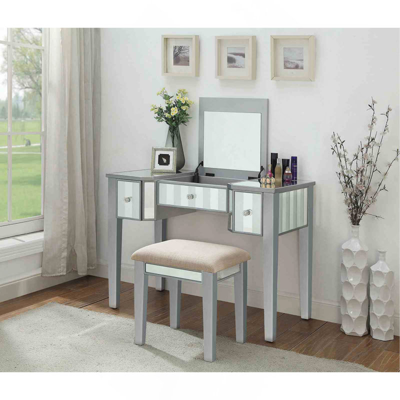 Ensemble de meuble-lavabo de style transitionnel 1 pièce avec tabourets rembourrés, Argent argent