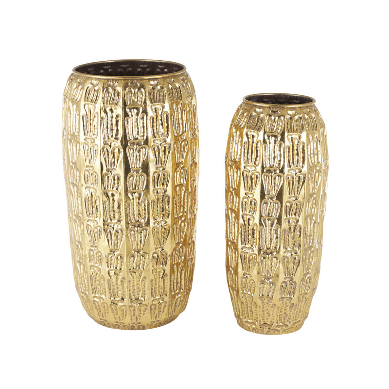 Braseby Metal Tall Decorative Gold Vase with Grooved Patterns Set, 36" H x 18.25" W x 18.25" D