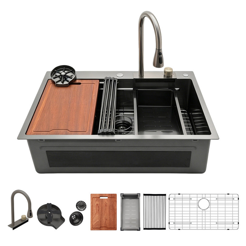 Évier de cuisine en cascade noir 33 po x 22 po x 10 po, station de travail de calibre 16 avec robinet
