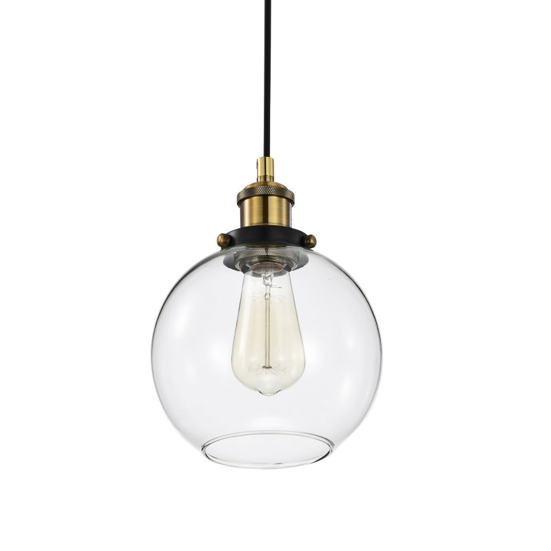 Mini-luminaire suspendu 1 lumière noir et laiton antique avec globe en verre transparent Mateo