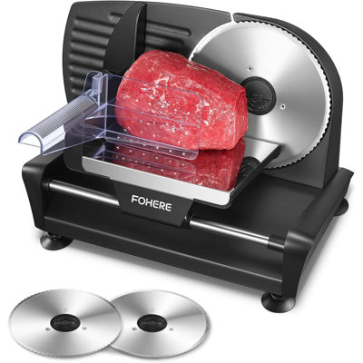 Fohere Electric Meat Slicer Machine 200w For Home Use, With 2 Removable Stainless Steel Blade(smooth/serrated) And Food Pusher, Safety Switch, 0-15mm Thickness Adjustment,black