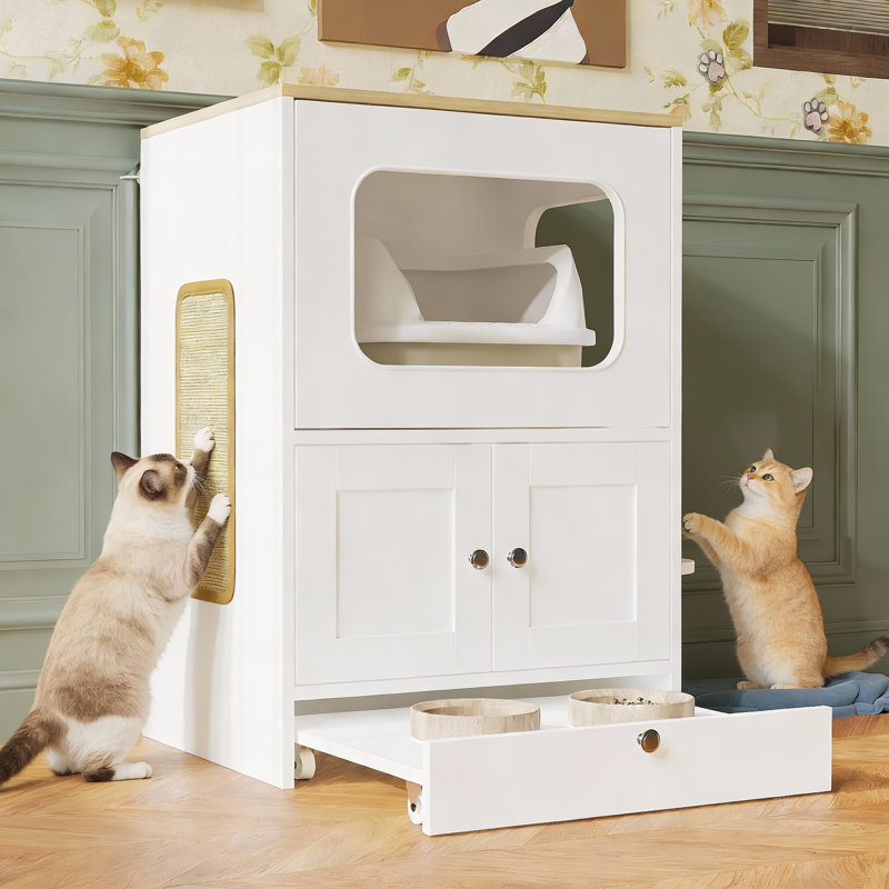 Meuble pour chat de 31,5 po de hauteur avec station d'alimentation extensible, grattoir et marches d'escalade