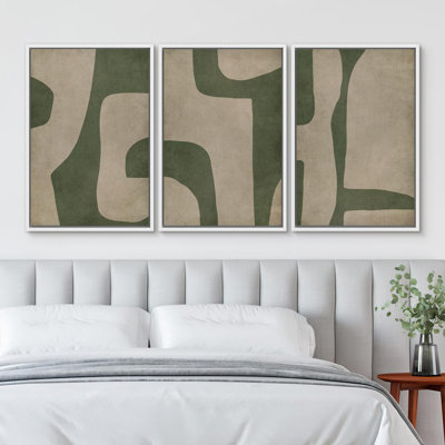 Nordic Shapes " Abstract Geometric Green And Beige Tones Illustrations Modern Art Decor Boho Relax Zen Nordic " 3 - Pieces