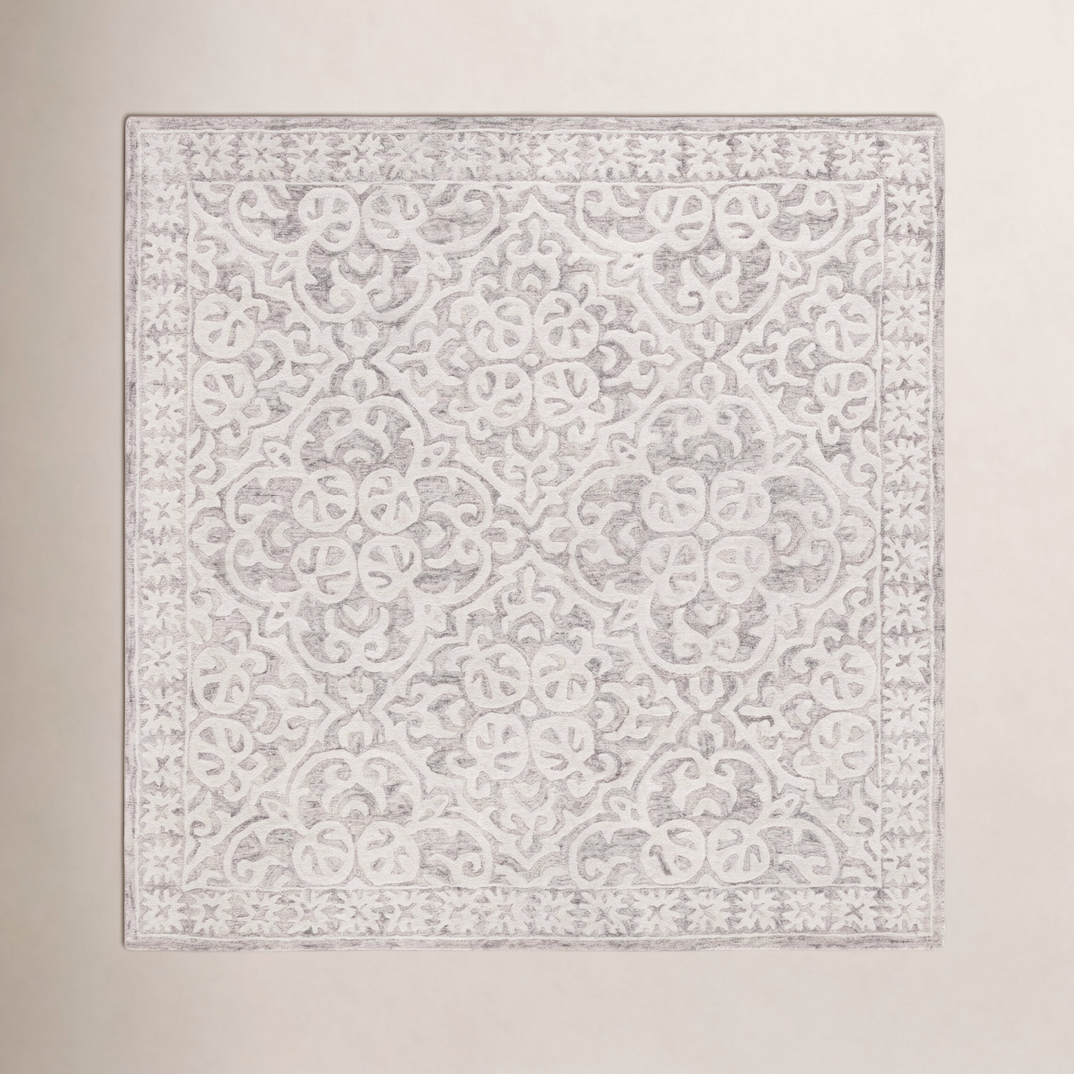 Aude White Damask Hand-Tufted Wool Rug, Square 6'